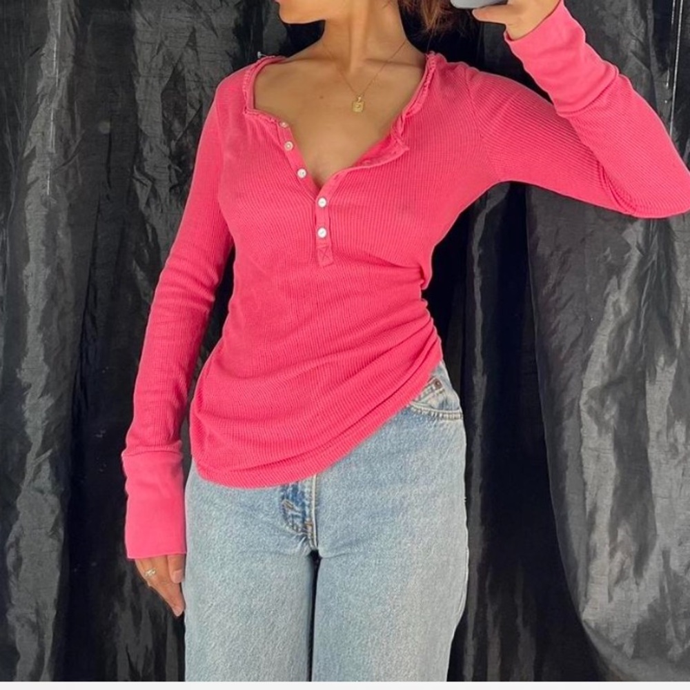 Pink Ribbed Henley Top 2000’s y2k